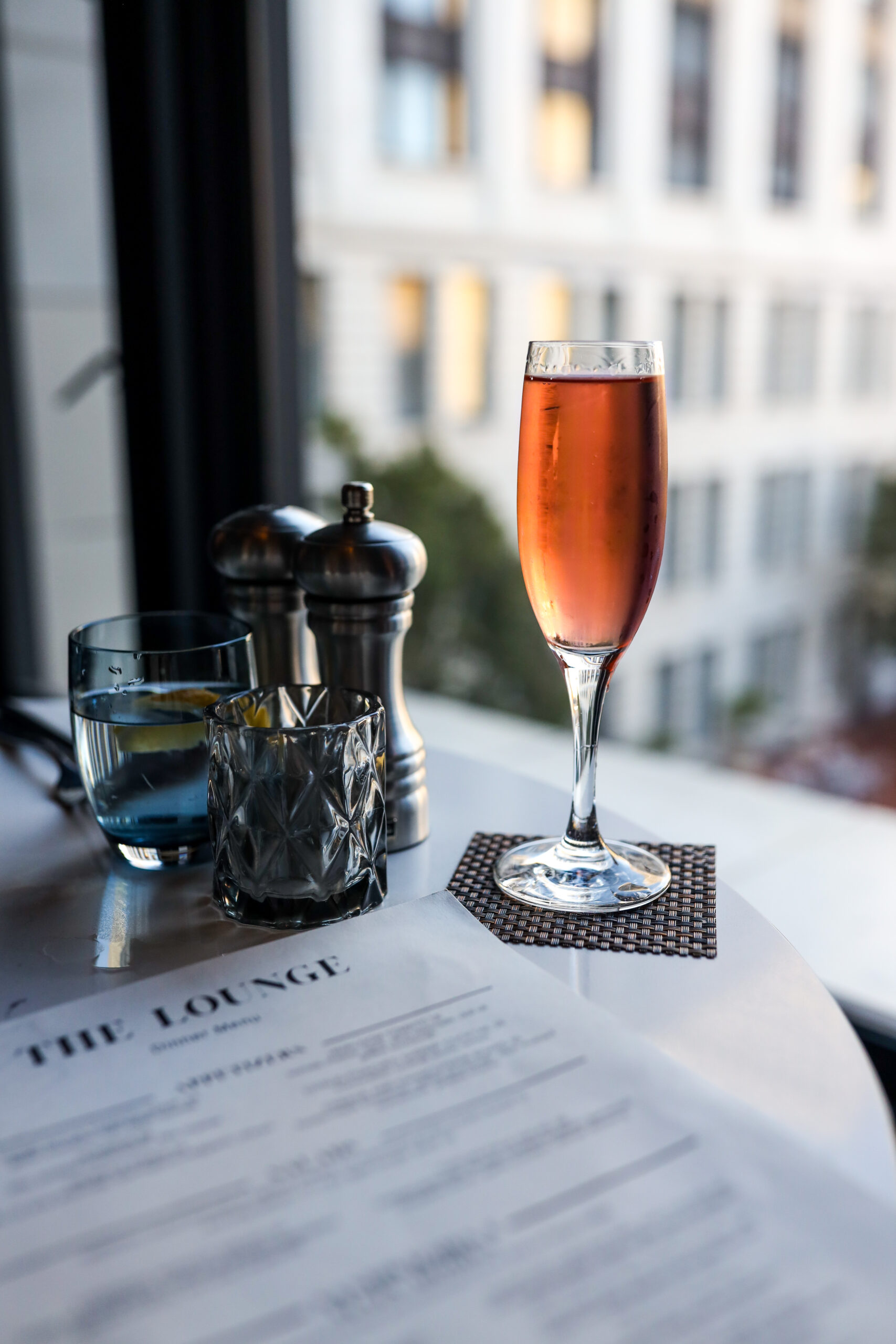 The Ritz-Carlton, San Francisco The Lounge, champagne flute with JCB rose. Menu, View of courtyard